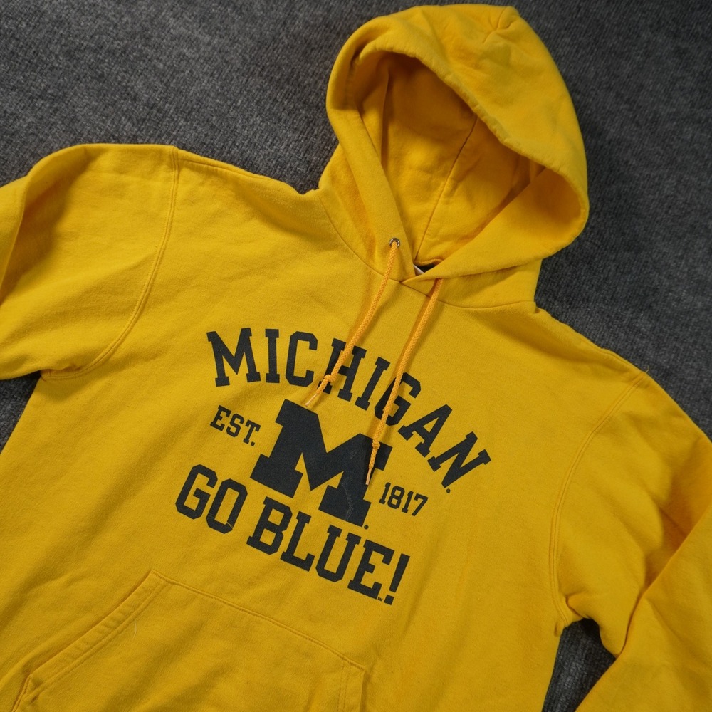 Champion Michigan Hoodie Mens M Yellow Go Blue Wolverines Collegiate Sweatshirt